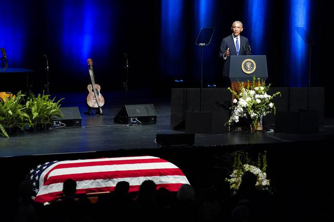 Former President Barack Obama speaks during a memorial service for former Senate Majority Leader Harry Reid at the Smith Center in Las Vegas, Saturday, Jan. 8, 2022.


