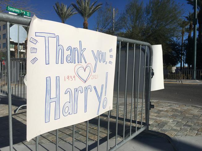 A homemade sign honors former Nevada Sen. Harry Reid outside his memorial at the Smith Center in downtown Las Vegas on Jan. 8, 2022.