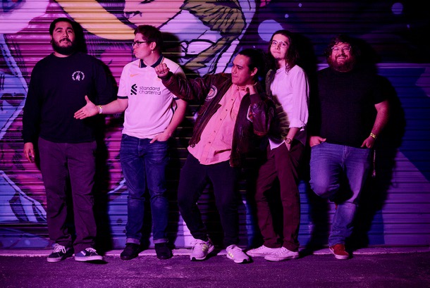 The band Secos (from left: Jose Becerra, guitar, Enrique Orozco, guitar, David Candelas, vocals, Sergio Ramirez, bass, and Joshua Loeza, drums) pose for a photo Friday, Feb. 11, 2022.