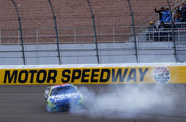 NASCAR Cup Series driver Erik Jones (43) spins out causing a caution with two laps to go during the 25th annual Pennzoil 400 NASCAR Cup Series race at the Las Vegas Motor Speedway Sunday, March 6, 2022.