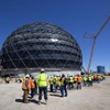 Construction workers line up for a topping out ceremony at the MSG Sphere at The Venetian Tuesday May 24, 2022.