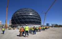 Construction workers line up for a topping out ceremony at the MSG Sphere at The Venetian Tuesday May 24, 2022.