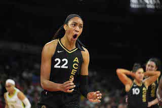 Las Vegas Aces' A'ja Wilson (22) reacts after she was called for a foul against the Dallas Wings during the first half of a WNBA basketball game Sunday, June 5, 2022, in Las Vegas.
