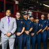 From left, Las Vegas Fire & Rescue Chief Fernando Gray, Battalion Chief Mike Thom, Fire Engineer Kelly Brinkerhoff, Fire Fighter Paramedic Alex De La Barcena, Firefighter Salvador Lopez, Firefighter Dylan Johnson and Fire Captain Ben Penick pose for a photo at Fire Station 1, downtown, Wednesday, July 27, 2022.