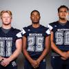 Members of the Shadow Ridge High School football team are pictured during the Las Vegas Sun's high school football media day at the Red Rock Resort on July 26, 2022. They include, from left, Davidson Glenn, Jaquiez Holland and Andre Santillan.
