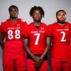 Members of the Arbor View High School football team are pictured during the Las Vegas Sun's high school football media day at the Red Rock Resort on July 26, 2022. They include, from left, Zurich Ashford, Michael Kearns and Juice Washington.