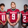 Members of the Desert Oasis High School football team are pictured during the Las Vegas Sun's high school football media day at the Red Rock Resort on July 26, 2022. They include, from left, Zion Gonsalves, Brandon Lussier and Elijah Darwin.