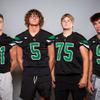 Members of the Virgin Valley High School football team are pictured during the Las Vegas Sun's high school football media day at the Red Rock Resort on July 26, 2022. They include, from left, Cutler Crandall, Martin Jordan, Trey Hafen and Isaiah Frieling.
