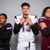 Members of the Cimarron-Memorial High School football team are pictured during the Las Vegas Sun's high school football media day at the Red Rock Resort on July 26, 2022. They include, from left, Eugene Davis, Andrew Overland and Michael Sabina.