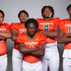 Members of the Mojave High School football team are pictured during the Las Vegas Sun's high school football media day at the Red Rock Resort on July 26, 2022. They include, from left, Luka Tuilaepa, Marquis Culpepper, Christopher Williams, Donte Hookfin and Zaquon Henderson.