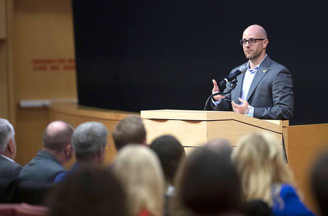 Las Vegas City Councilman Brian Knudsen speaks during a Las Vegas Medical District Successes & Insights event at Las Vegas City Hall Tuesday, Aug. 23, 2022. The event was organized by the City of Las Vegas and the Downtown Vegas Alliance.