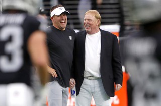 Las Vegas Raiders head coach Josh McDaniels, left, watches warmups with owner Mark Davis before an NFL football game at Allegiant Stadium against the New England Patriots Friday, Aug. 26, 2022.
