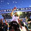 Las Vegas Aces forward A'ja Wilson, center, celebrates with teammates during a rally for the Las Vegas Aces on the Las Vegas Strip Tuesday, Sept. 20, 2022. The Aces beat the Connecticut Sun in the WNBA Finals to give Las Vegas its first professional championship.