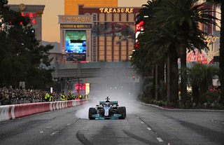 Mercedes' George Russell drives during a demonstration along the Las Vegas Strip at a launch party for the Formula One Las Vegas Grand Prix, Saturday, Nov. 5, 2022, in Las Vegas.