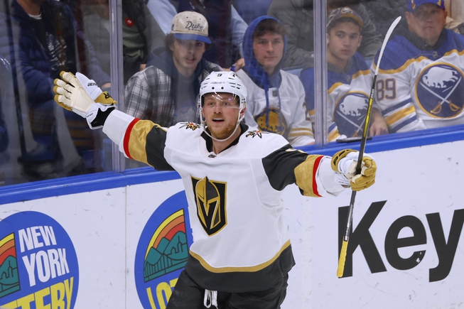 Vegas Golden Knights center Jack Eichel celebrates his goal against the Buffalo Sabres during the third period Thursday, Nov. 10, 2022, in Buffalo, N.Y. 


