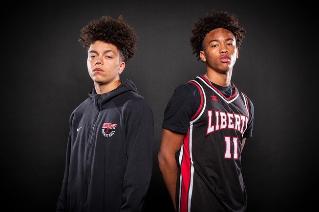 Players of the Liberty High basketball team, from left Angelo Kambala and Dedan Thomas Jr., take a portrait during the Las Vegas Sun's High School Basketball Media Day, Nov. 2, 2022.