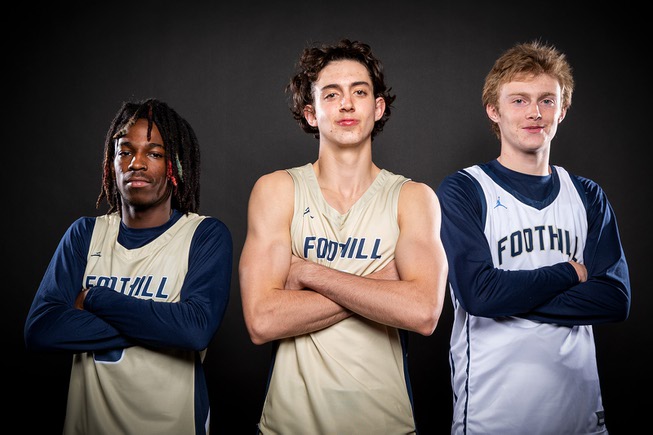 Players of the Foothill High basketball team, from left Jay Haylock, Zak Abdalla and Collier Roberts, take a portrait during the Las Vegas Sun's High School Basketball Media Day, Nov. 2, 2022.