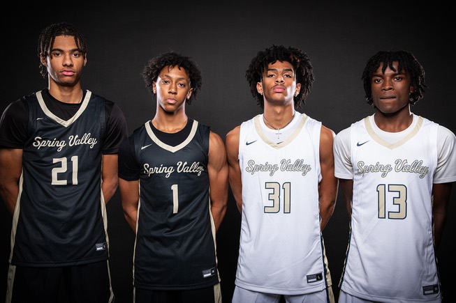 Players of the Spring Valley High basketball team, from left Davin Mabry, Jamison McCall, Alijah Adem and Jordan Cosby take a portrait during the Las Vegas Sun's High School Basketball Media Day, Nov. 2, 2022.