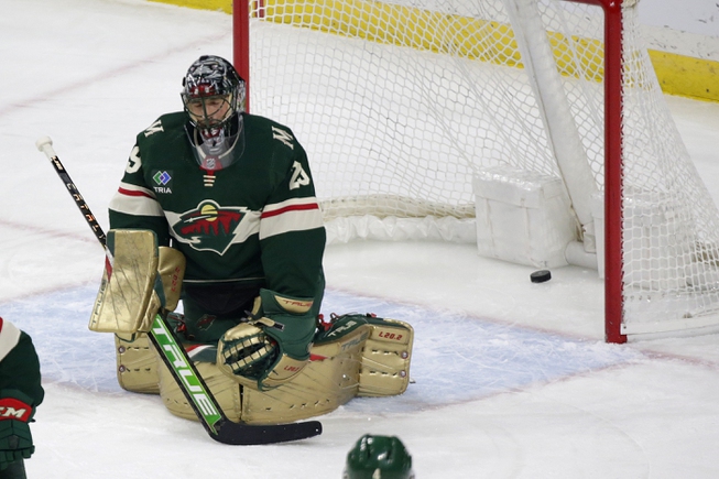Minnesota Wild goaltender Marc-Andre Fleury reacts after giving up a goal to the Vegas Golden Knights during the first period Thursday, Feb. 9, 2023, in St. Paul, Minn. 


