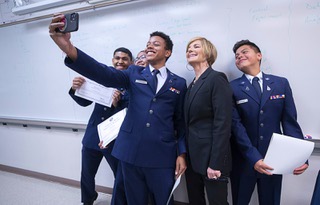 Congresswoman Susie Lee, D-Nev., poses for a selfie with the project management team, from left, Jodani Paris-Guzman, Jaslynn Bautista, Theo Ferreira, and Francisco Enriquez, as she visits Space Force Jr. ROTC students at Durango High School Thursday, Feb. 16, 2023. The school is one of 60 schools nationwide to win the recent NASA TechRise Challenge. The students' project involves cameras to examine wavelengths in the atmosphere.