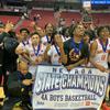 The Mojave High School basketball team celebrates after winning a second straight state championship Feb. 25, 2023, at the Thomas & Mack Center.