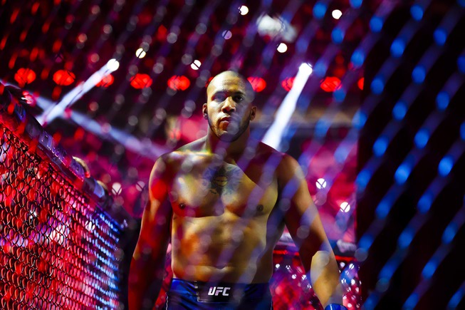 Ciryl Gane stands in the octagon before a fight against Jon Jones in a heavyweight title bout during UFC 285 at T-Mobile Arena Saturday, Mar. 4, 2023.