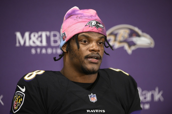 Baltimore Ravens quarterback Lamar Jackson speaks to the media at a press conference after an NFL football game against the Cincinnati Bengals, Oct. 9, 2022, in Baltimore. 
