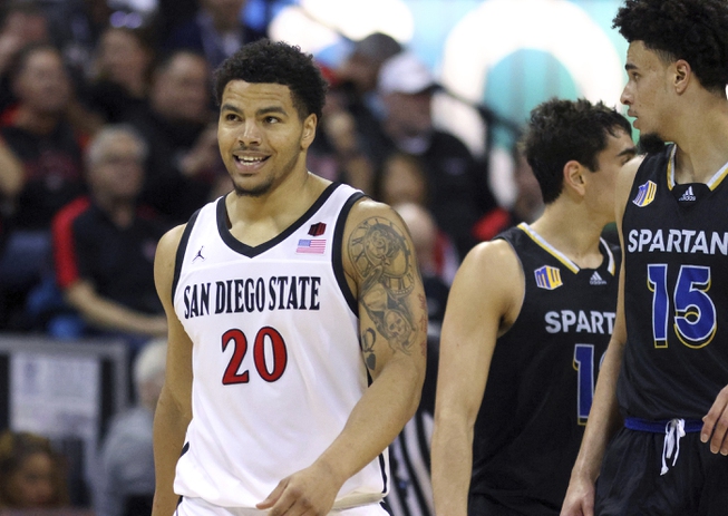 San Diego State guard Matt Bradley (20) walks down the court near San Jose State forward Trey Anderson (15) during the first half of an NCAA college basketball game in the semifinals of the Mountain West Conference tournament Friday, March 10, 2023, in Las Vegas.

