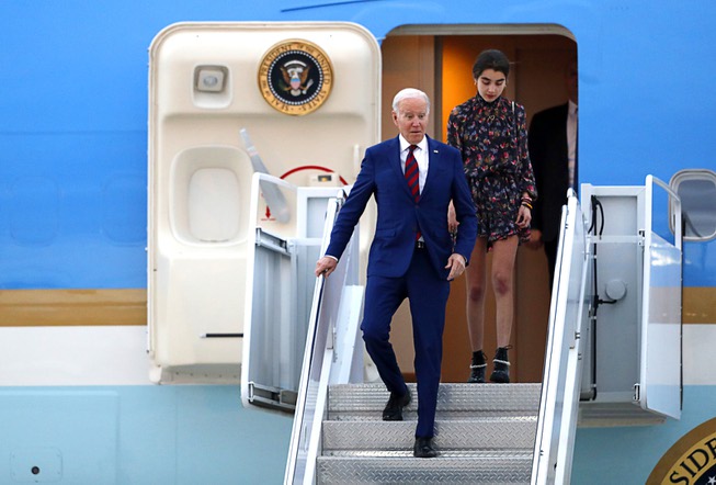 President Joe Biden and his granddaughter Natalie Biden deplane from Air Force One after arriving at Harry Reid International Airport Tuesday, March 14, 2023. 