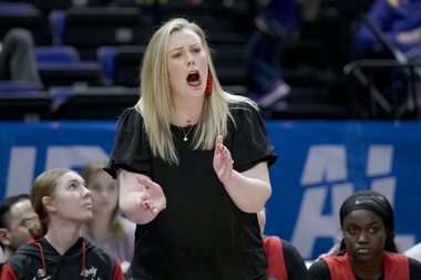 UNLV head coach Lindy La Rocque reacts in the first half of a first-round college basketball game against Michigan in the women’s NCAA Tournament in Baton Rouge, La., Friday, March 17, 2023.