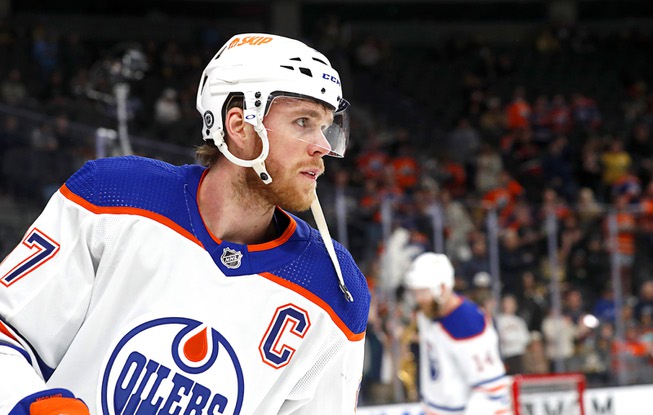 Edmonton Oilers center Connor McDavid (97) warms up before an NHL hockey game against the Vegas Golden Knights at T-Mobile Arena Tuesday, March 28, 2023.