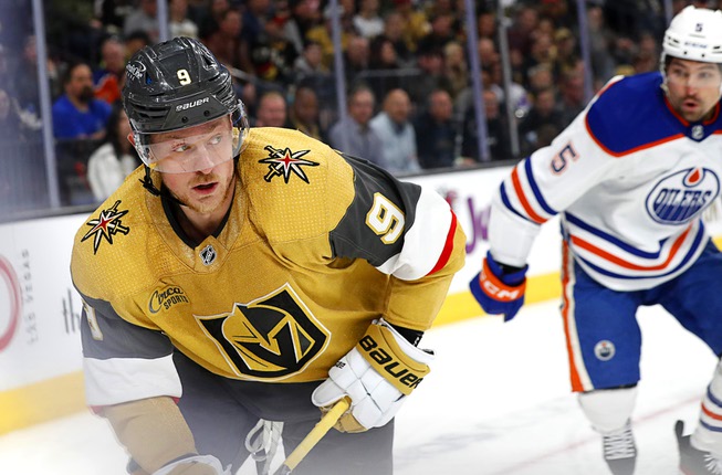 Vegas Golden Knights center Jack Eichel (9) skates against Edmonton Oilers defenseman Cody Ceci (5) during the first period of an NHL hockey game at T-Mobile Arena Tuesday, March 28, 2023.