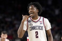 Connecticut guard Tristen Newton celebrates after scoring against San Diego State during the first half of the men’s national championship college basketball game in the ...