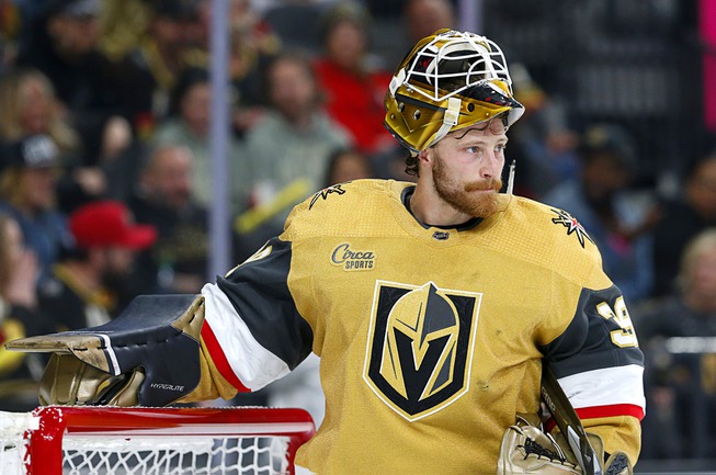 Vegas Golden Knights goaltender Laurent Brossoit (39) takes a break during the second period of an NHL hockey game against the Los Angeles Kings at T-Mobile Arena Thursday, April 6, 2023.