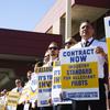 Allegiant Air pilots, represented by Teamsters Local 2118, protest sub-industry standard wages at Harry Reid International Airport Tuesday, April 11, 2023.