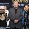 Undefeated lightweight boxer Gervonta Davis, left, and undefeated super lightweight boxer Ryan Garcia pose during a news conference at the MGM Grand hotel-casino Thursday, April 20, 2023, in Las Vegas. Boxing promoter Tom Brown, center, separates the fighters.The boxers are scheduled to fight in a 136-pound catchweight bout at T-Mobile Arena in Las Vegas on Saturday, April 22, 2023.