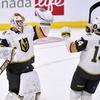 Vegas Golden Knights goaltender Laurent Brossoit (39) celebrates the victory over the Winnipeg Jets with Nicolas Hague (14) during NHL hockey playoff action in Winnipeg, Monday, April 24, 2023.



