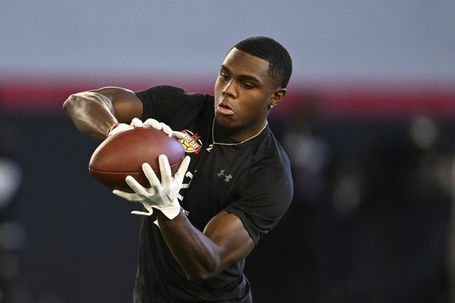 Cornerback Jakorian Bennett works out during Maryland's football pro day on Wednesday, March 29, 2023, in College Park, Md.
