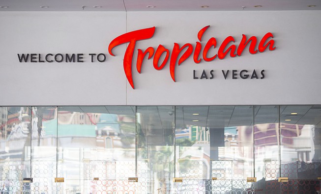 A view of signage at the Tropicana Las Vegas, on ...