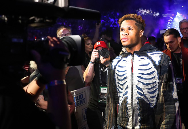 Undisputed lightweight champion Devin Haney makes his ring walk before his title defense against Vasiliy Lomachenko at the MGM Grand Garden Arena Saturday, May 20, 2023. Haney retained his titles by unanimous decision.