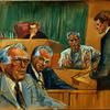 John Gotti, second from left in this sketch, appears March 21, 1992, in U.S. District Court. From left are: actor Anthony Quinn, Gotti, U.S. District Judge I. Leo Glasser; witness Anthony Gurino and assistant U.S. attorney John Gleeson. Tonight at the Mob Museum, Gleeson will speak about how federal authorities finally were able to bring Gotti, the “Teflon Don,” to justice.
