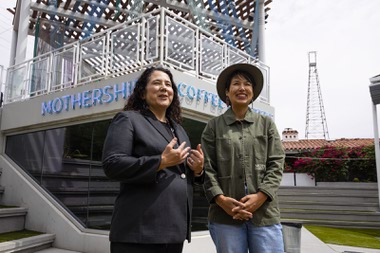 Administrator of the U.S. Small Business Administration Isabella Casillas Guzman, left, and owner of Mothership Coffee Juanny Romero, are interviewed by the Las Vegas Sun at Mothership Coffees Fergusons Downtown location Wednesday, June 7, 2023.