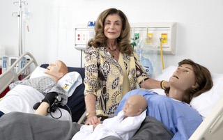 Shelley Berkley poses with high-tech medical mannequins in a simulation room at the Tang Center for Clinical Simulation at Touro University Nevada in Henderson Thursday, June 8, 2023. The former congresswoman is stepping down as the senior vice president of the Touro University system and is running for mayor of Las Vegas.
