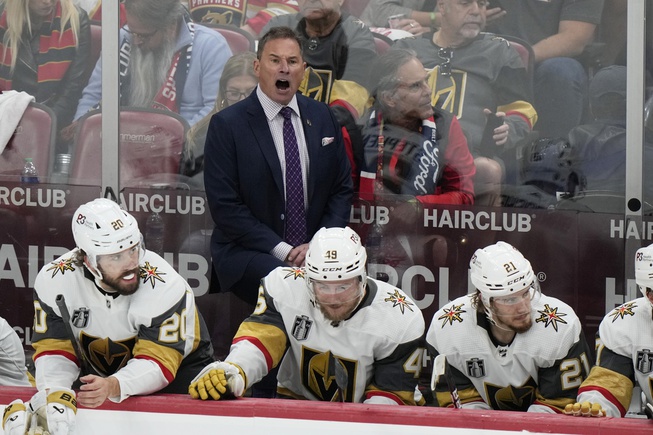 Vegas Golden Knights head coach Bruce Cassidy yells during the second period in Game 4 of the NHL hockey Stanley Cup Finals against the Florida Panthers, Saturday, June 10, 2023, in Sunrise, Fla.