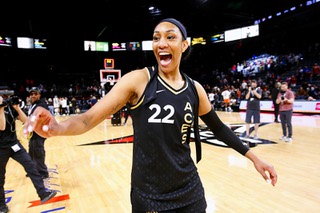 Las Vegas Aces forward A'ja Wilson (22) celebrates after a 101-88 victory over the Indiana Fever in the Michelob Ultra Arena at Mandalay Bay Saturday, June 24, 2023.