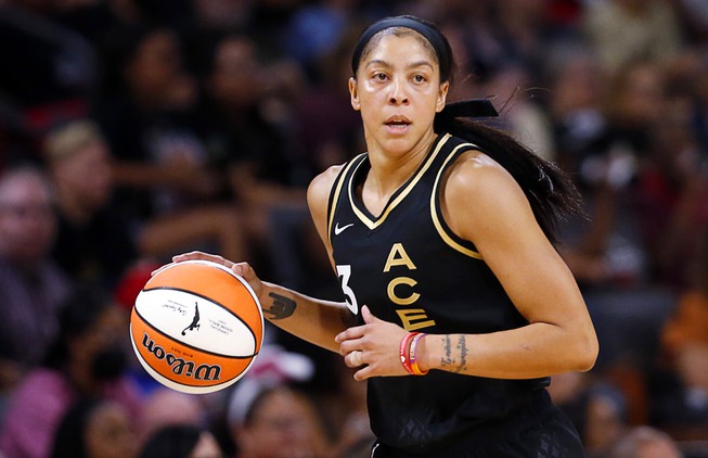 Las Vegas Aces forward Candace Parker (3) takes the ball upcourt during the first half of a WNBA basketball game against the Connecticut Sun at Michelob Ultra Arena in Mandalay Bay Saturday, July 1, 2023.