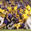 LSU celebrates after defeating Florida in Game 3 of the NCAA College World Series baseball finals in Omaha, Neb., Monday, June 26, 2023. LSU won the national championship 18-4.