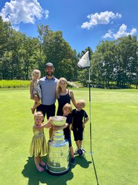 Vegas Golden Knights defenseman Alex Pietrangelo, his wife Jayne, and their four children Evelyn, Oliver, Theodore and Julia Grace, pose with the Stanley Cup at Boone Valley Golf Club in Augusta, Mo., on July 10, 2023.