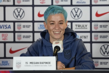 U.S soccer player Megan Rapinoe speaks to reporters during the 2023 Women's World Cup media day for the United States Women's National Team in Carson, Calif., Tuesday, June 27, 2023.