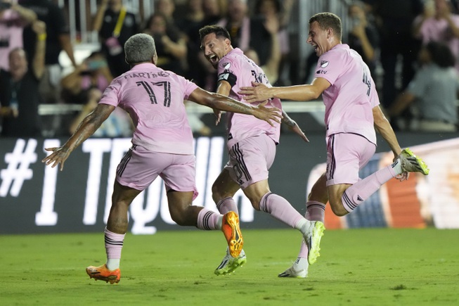 Inter Miami forward Lionel Messi (10) celebrates his goal late in the second half of a Leagues Cup soccer match against Cruz Azul, Friday, July 21, 2023, in Fort Lauderdale, Fla. Inter Miami defeated Cruz Azul 2-1. 


